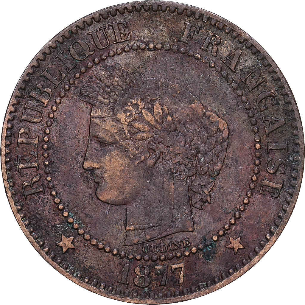 France, 2 Centimes, Cérès, 1877, Paris, Bronze, TB+, Gadoury:105, KM:827.1