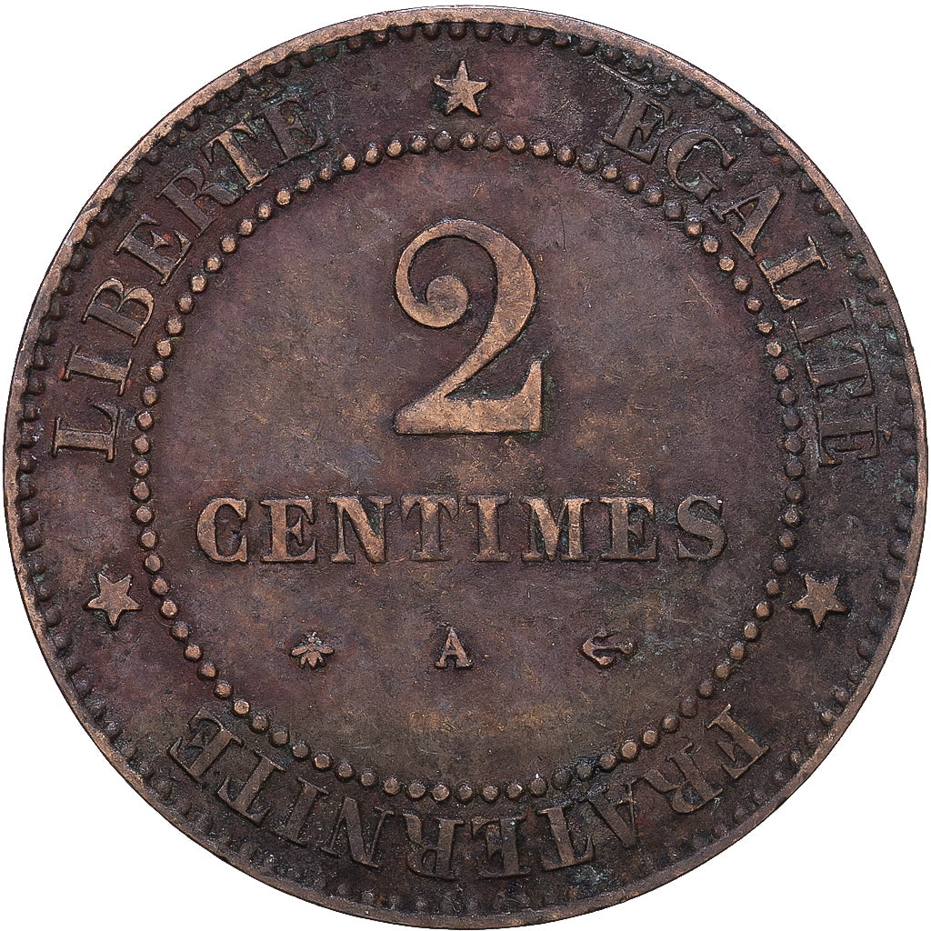 France, 2 Centimes, Cérès, 1877, Paris, Bronze, TB+, Gadoury:105, KM:827.1