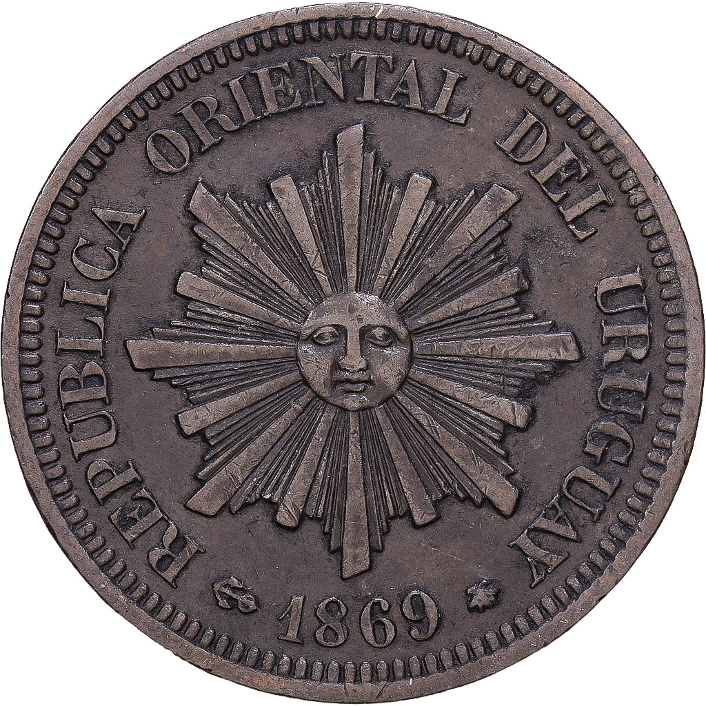 Uruguay, 2 Centesimos, 1869, Uruguay Mint, Bronzo, BB, KM:12