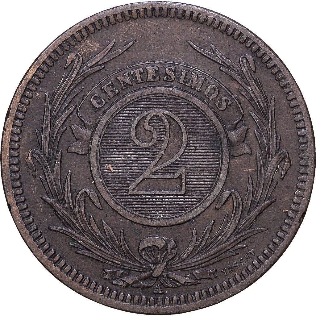 Uruguay, 2 Centesimos, 1869, Uruguay Mint, Bronzo, BB, KM:12