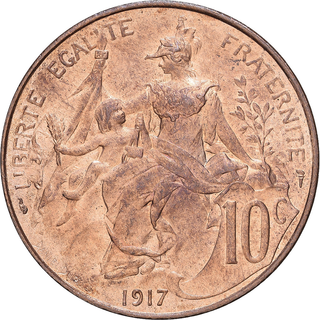 France, 10 Centimes, Daniel-Dupuis, 1917, Paris, Bronze, AU(55-58), Gadoury:277