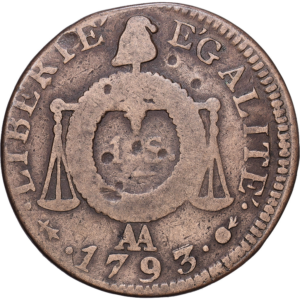 France, Louis XVI, Sol aux balances françoise, 1793 / AN II, Metz, Bronze, TB