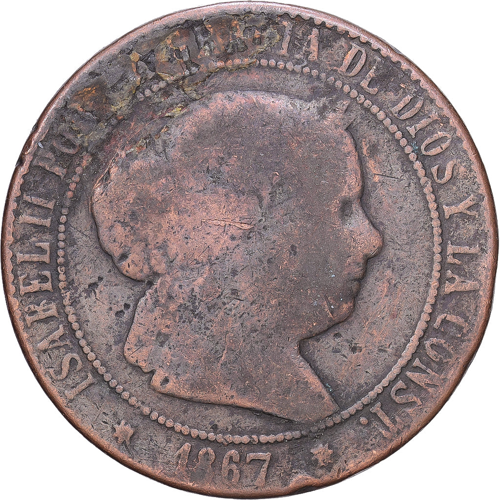 España, Isabel II, 5 Centimos, 1867, Jubia, Bronce, BC, KM:635