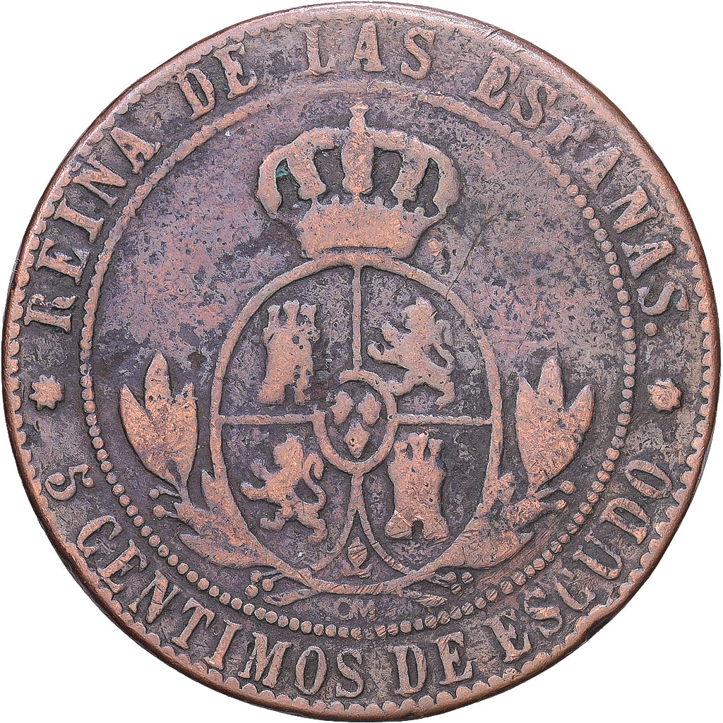 España, Isabel II, 5 Centimos, 1867, Jubia, Bronce, BC, KM:635