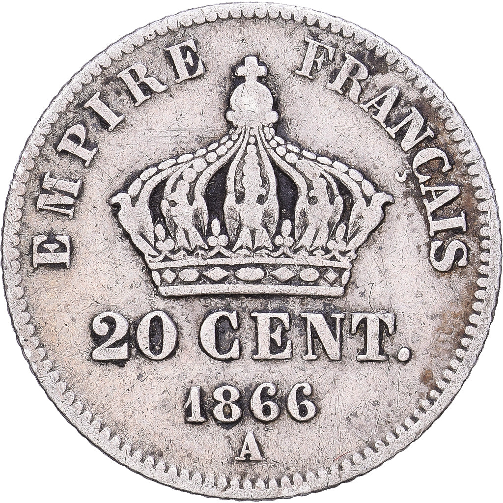 Francia, Napoleon III, 20 Centimes, 1866, Paris, Plata, BC+, Gadoury:308