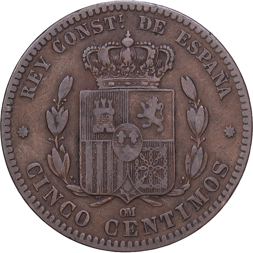 Espanha, Alfonso XII, 5 Centimos, 1877, Madrid, Bronze, VF(20-25), KM:674