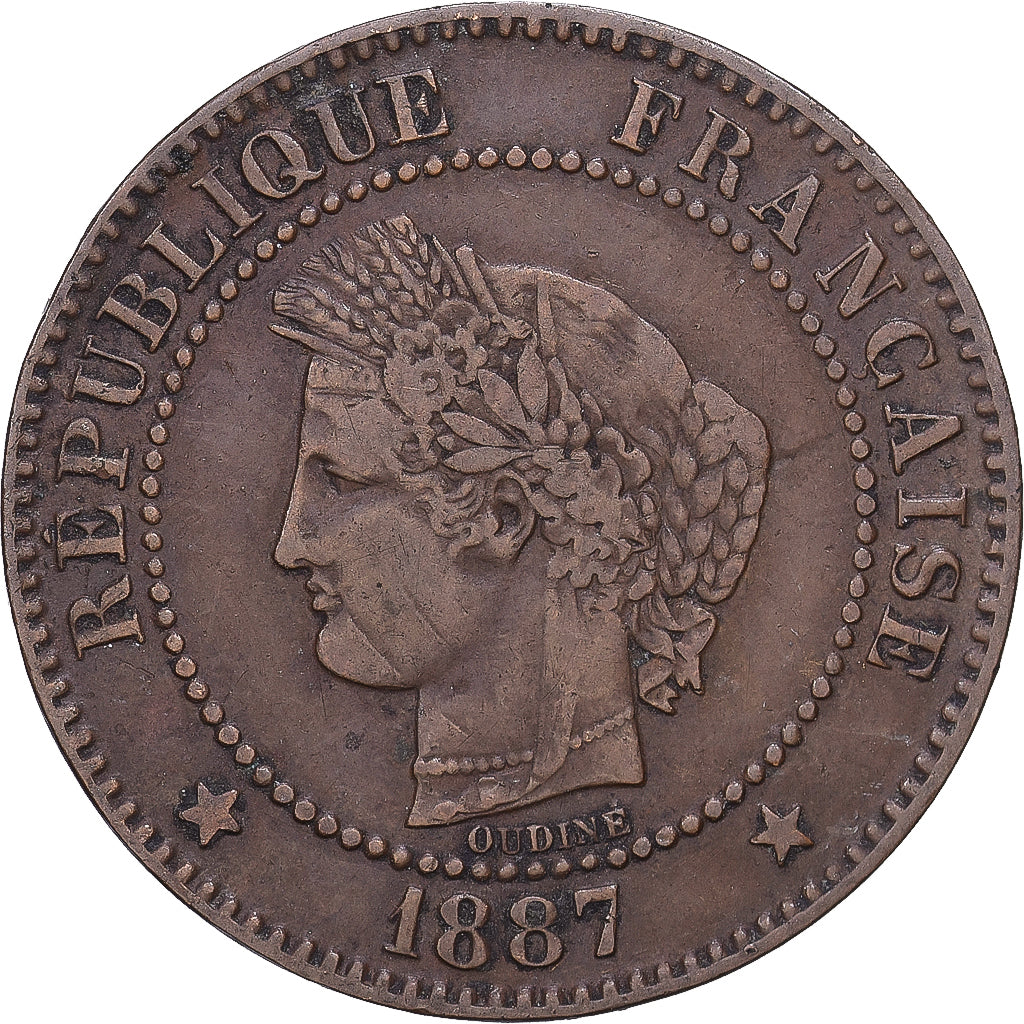 França, 2 Centimes, Cérès, 1887, Paris, Bronze, VF(30-35), Gadoury:105