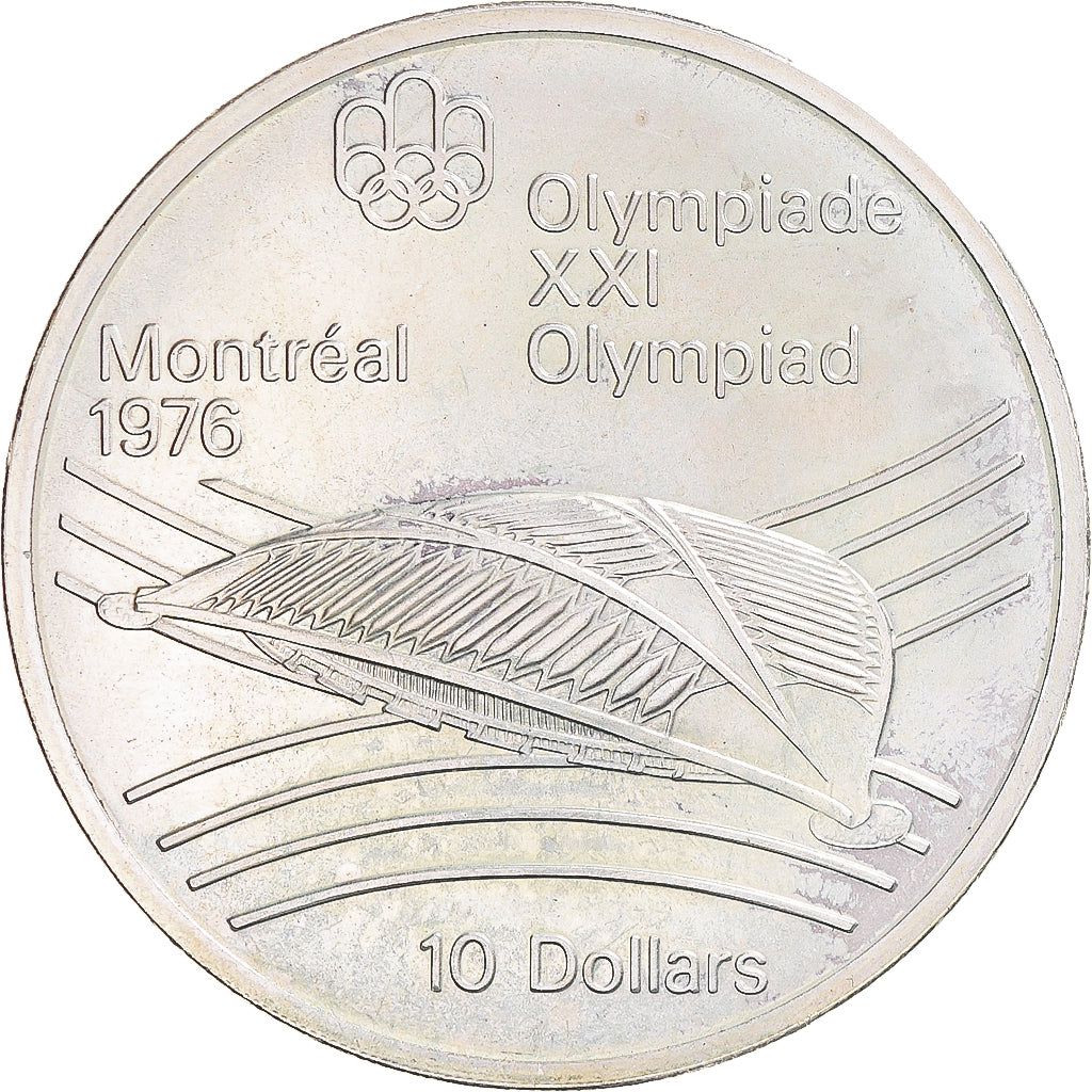 Moneda, Canadá, 1976 Olympics - Olympic Stadium, 10 Dollars, 1976, SC, Plata