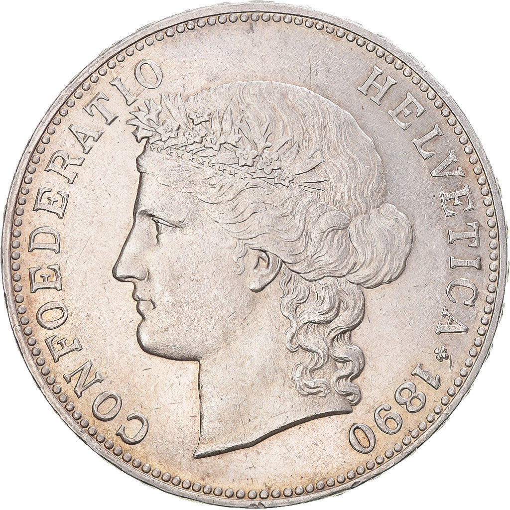 Moeda, Suíça, Helvetia, 5 Francs, 1890, Bern, AU(55-58), Prata
