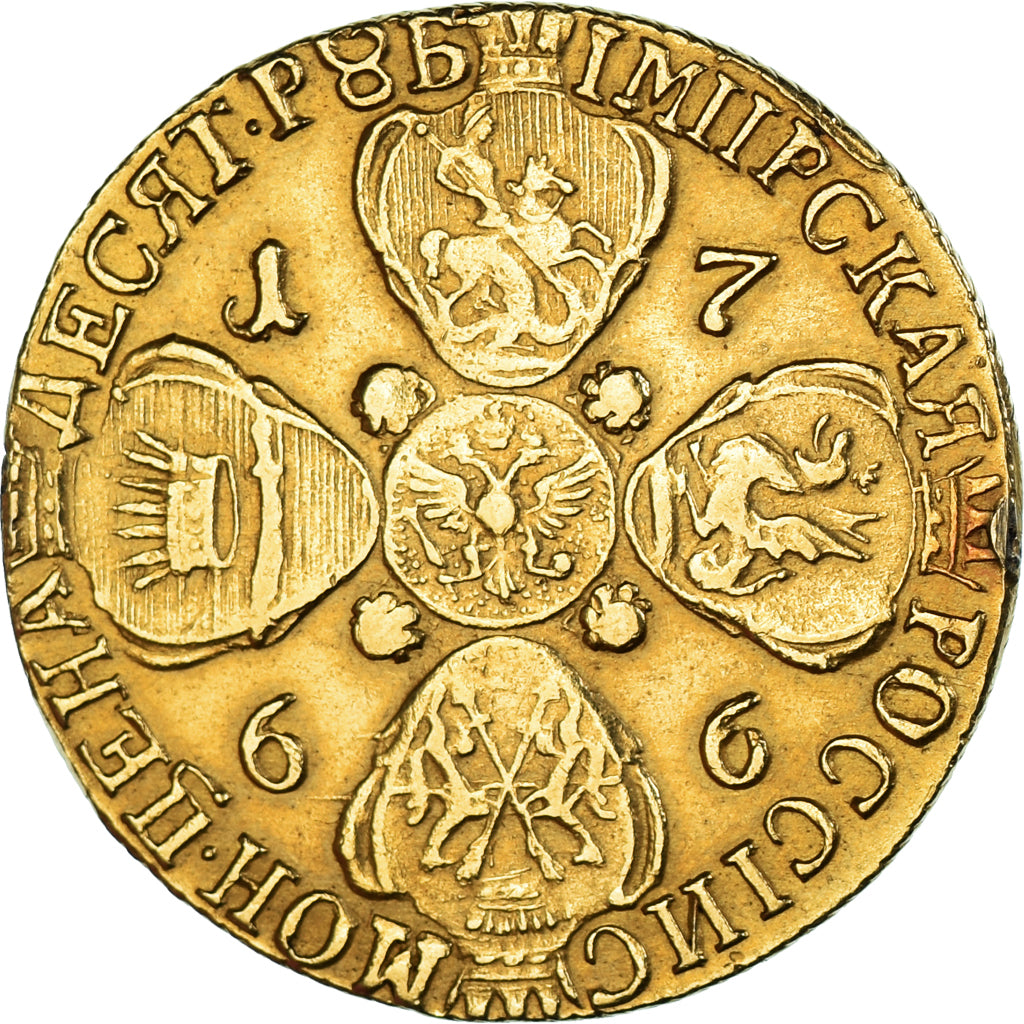 Russie, Catherine II, 10 Roubles, 1766, Saint-Pétersbourg, ТI, Or, TTB