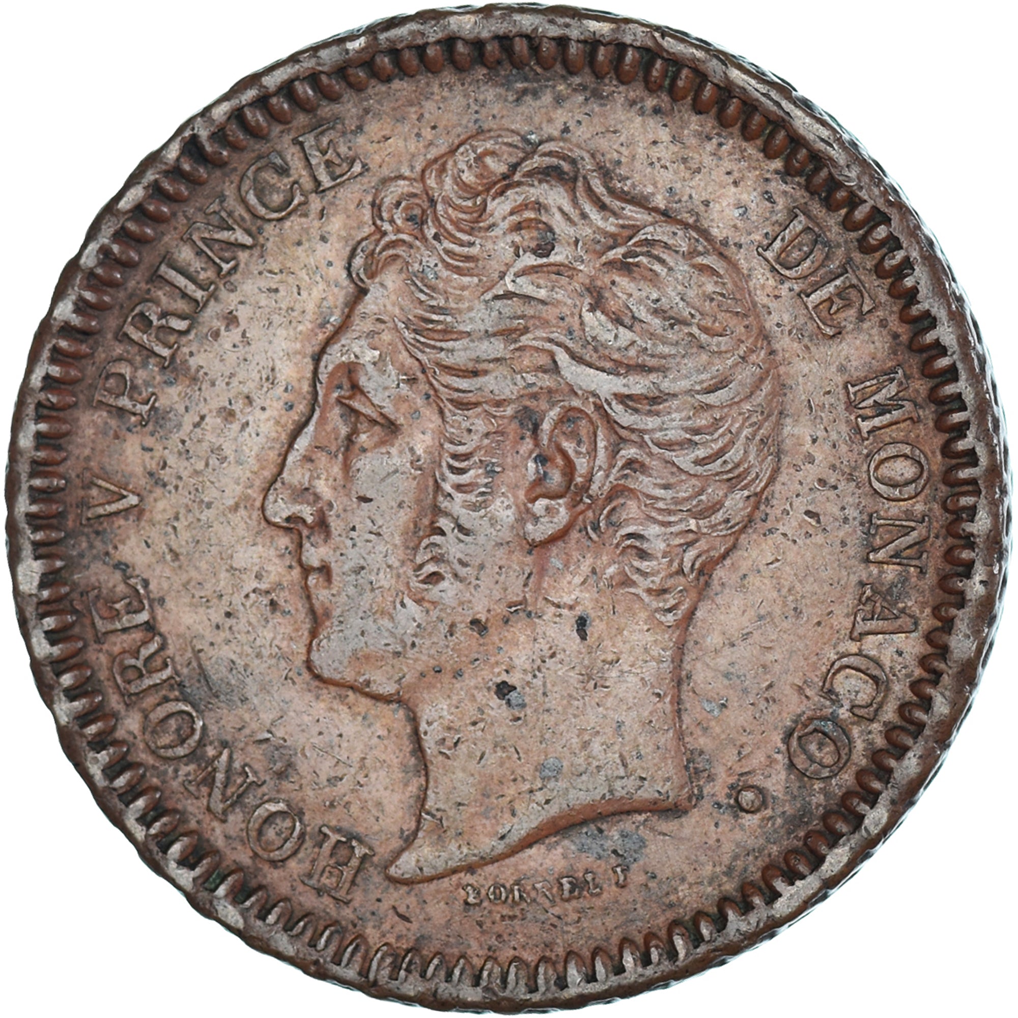 Moneda, Mónaco, Honore V, 1 Décime, 1838, Monaco, Petite tête, MBC, Bronce