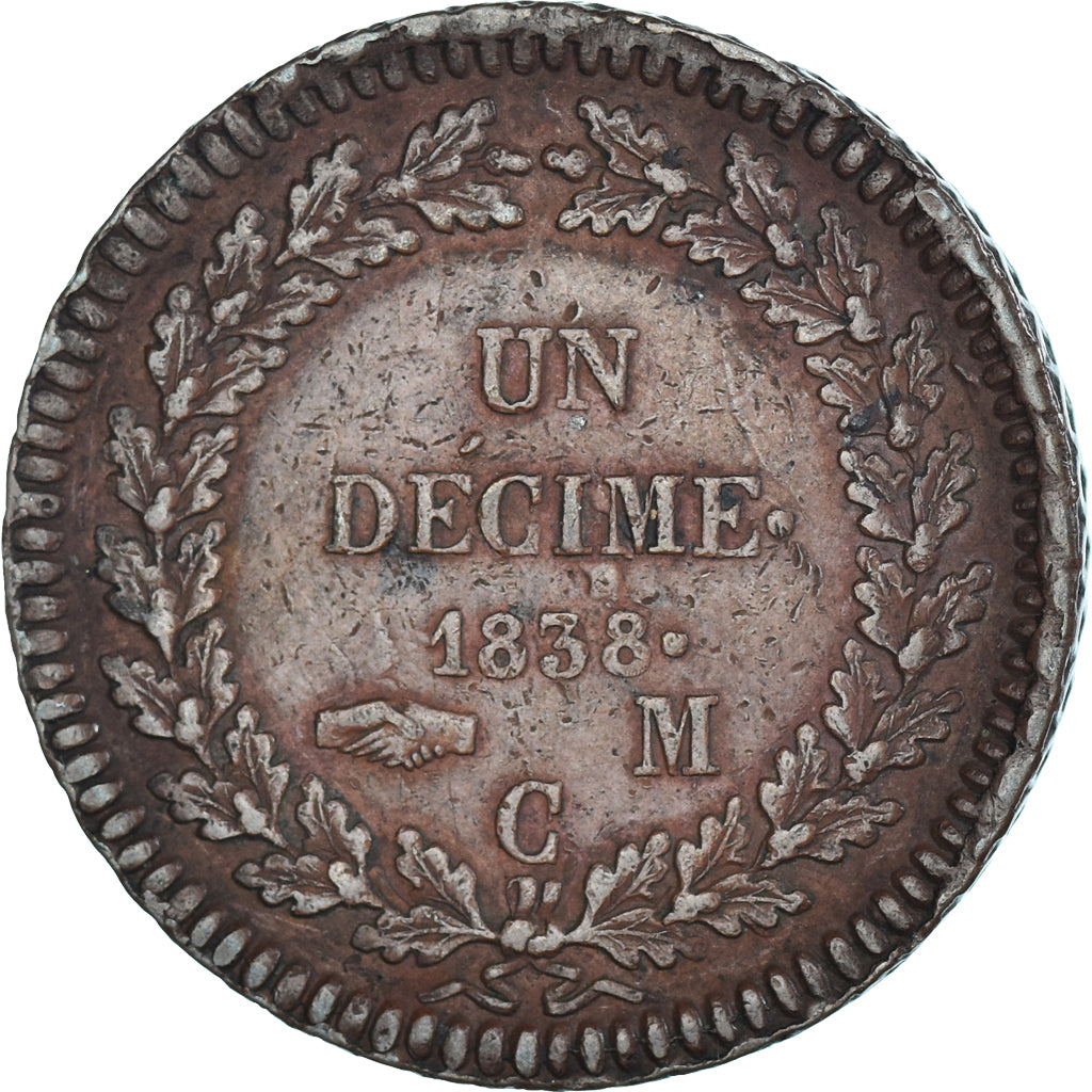 Moneda, Mónaco, Honore V, 1 Décime, 1838, Monaco, Petite tête, MBC, Bronce