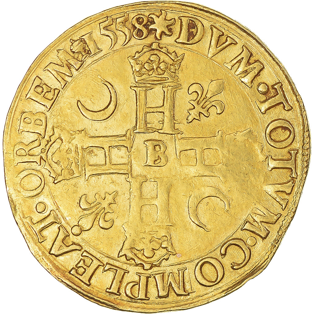 Francia, Henri II, Double Henri d'or, 1558, Rouen, 1st Type, Oro, BB+
