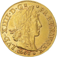 France, Louis XIV, Louis d'or au buste juvénile, 1661, Lyon, Gold, AU(55-58)