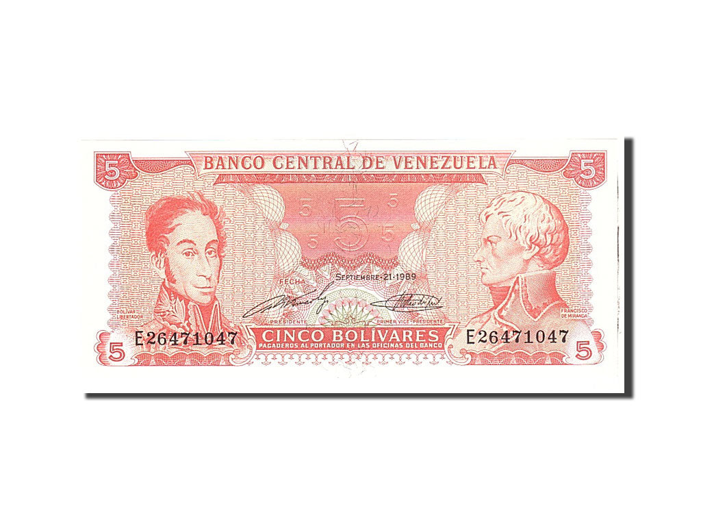 Banknote, Venezuela, 5 Bolivares, 1989, 1989-09-21, KM:70b, UNC(65-70)