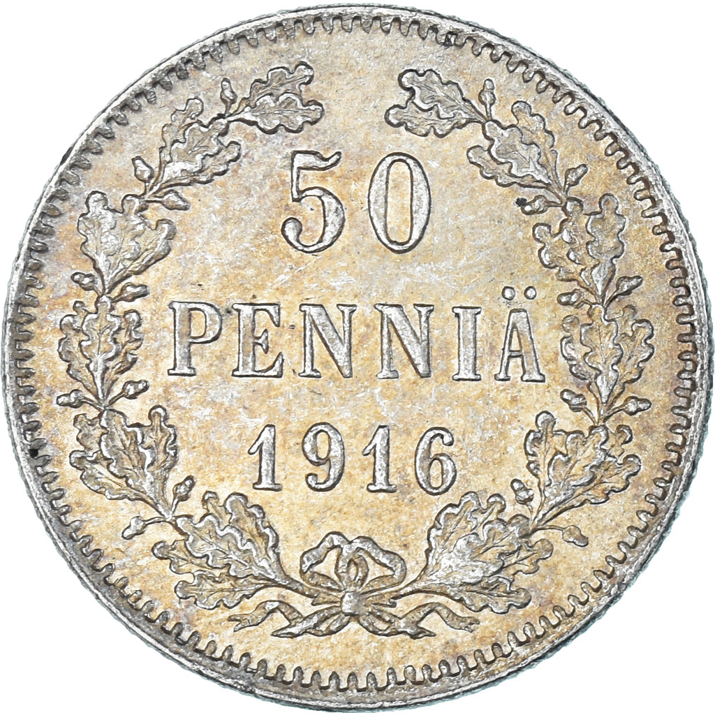 Moeda, Finlândia, Nicholas II, 50 Penniä, 1916, Helsinki, AU(55-58), Prata