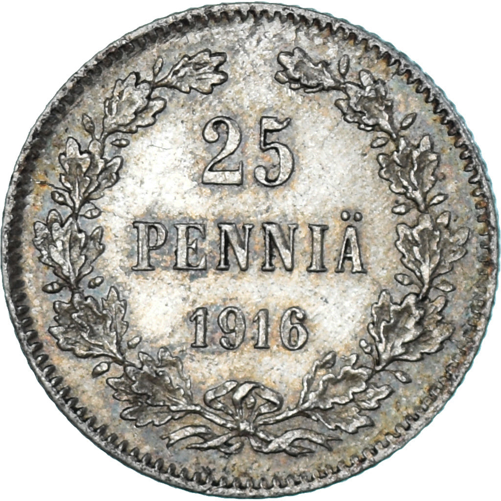 Moneda, Finlandia, Nicholas II, 25 Penniä, 1916, Helsinki, EBC, Plata, KM:6.2