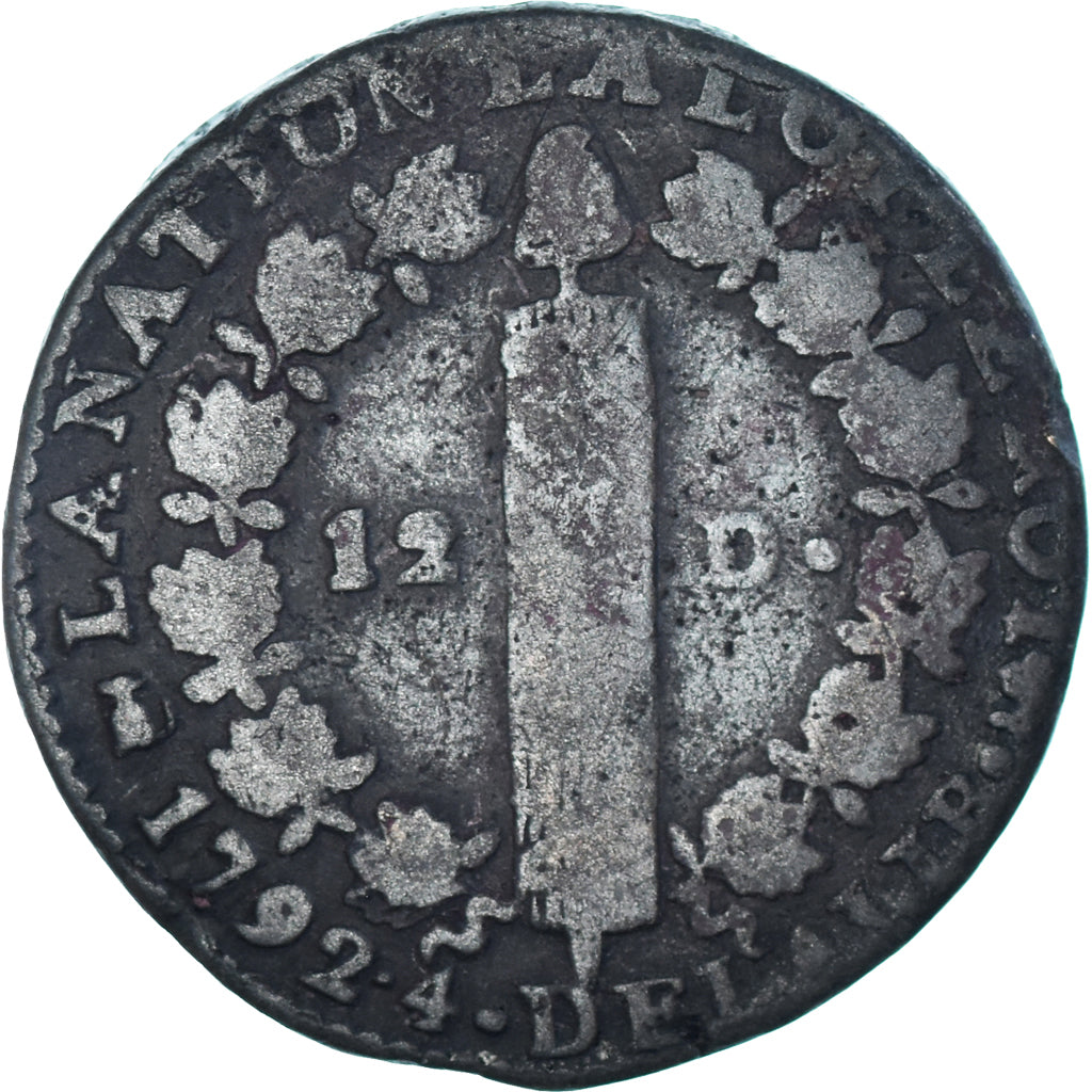 França, Louis XVI, 12 Deniers, 1792⸱4, Nantes, Métal de cloche, VF(20-25)