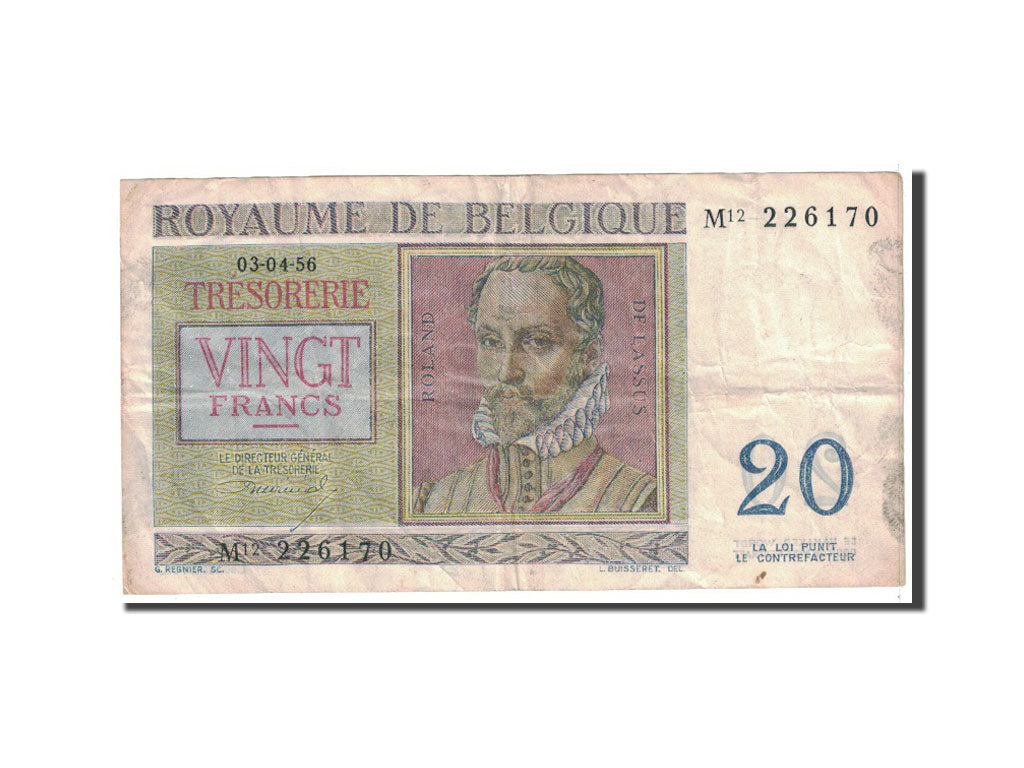 Banknote, Belgium, 20 Francs, 1956, 1956-04-03, KM:132b, EF(40-45)