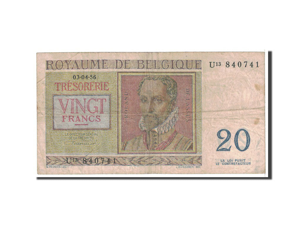 Banknote, Belgium, 20 Francs, 1956, 1956-04-03, KM:132b, VF(20-25)