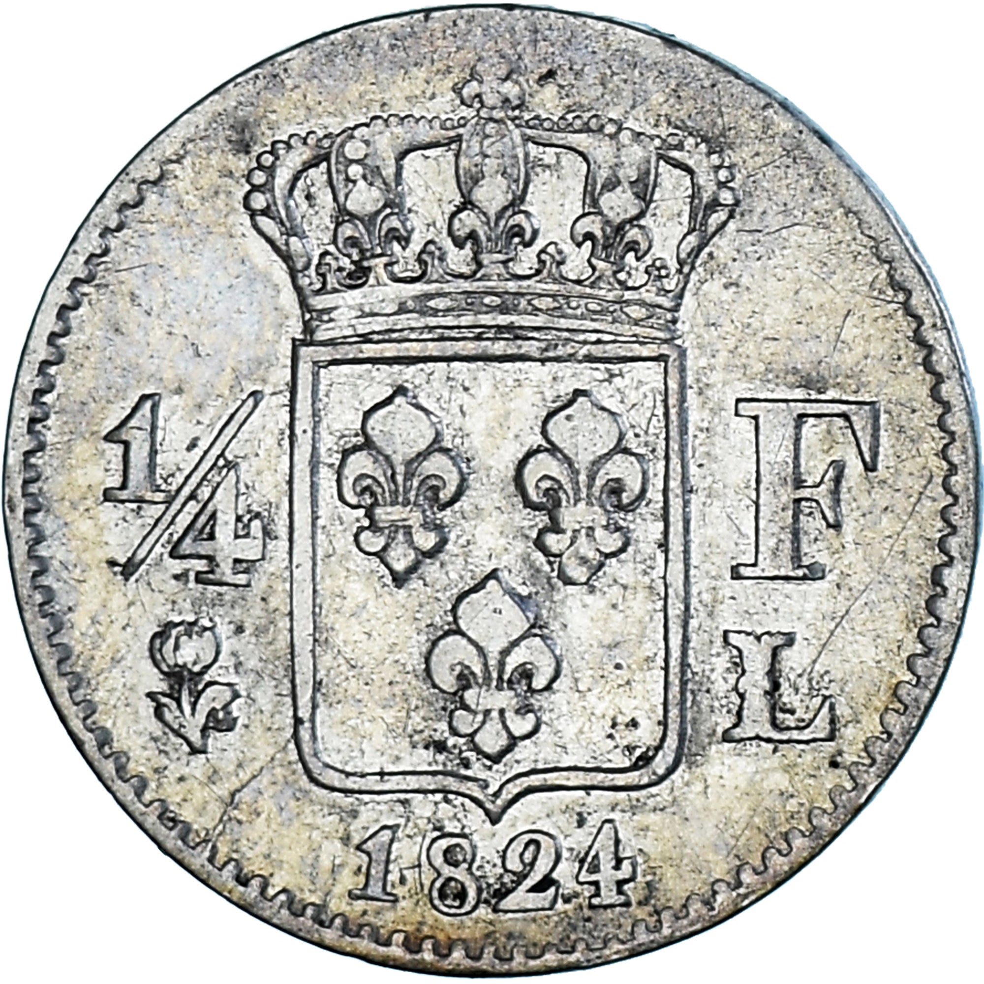 Coin, France, Louis XVIII, 1/4 Franc, 1824, Bayonne, EF(40-45), Silver