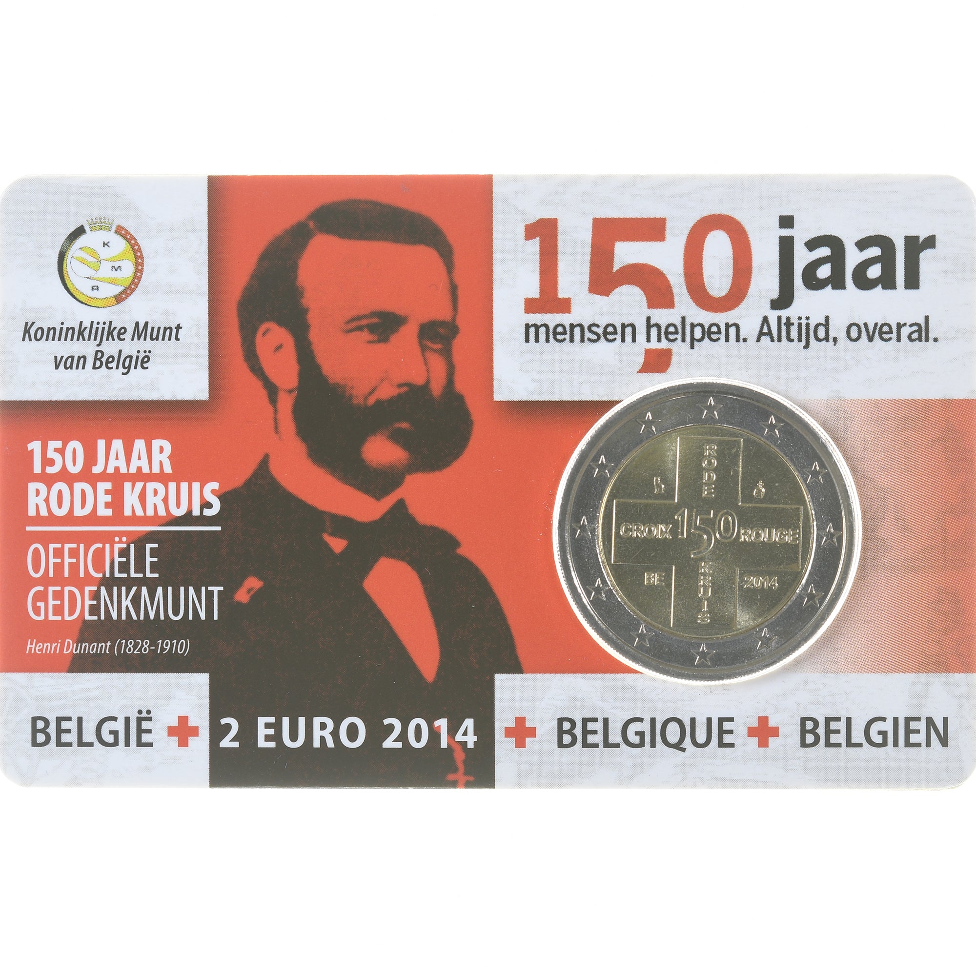 België, 2 Euro, 150 ans de la Croix Rouge, 2014, Royal Belgium Mint, Coin Card.