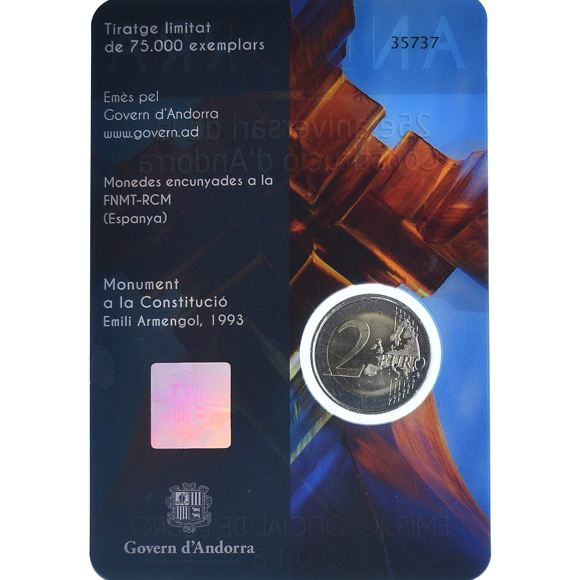 Andorre, 2 Euro, 25ème anniversaire de la constitution, 2018, Coin card, FDC