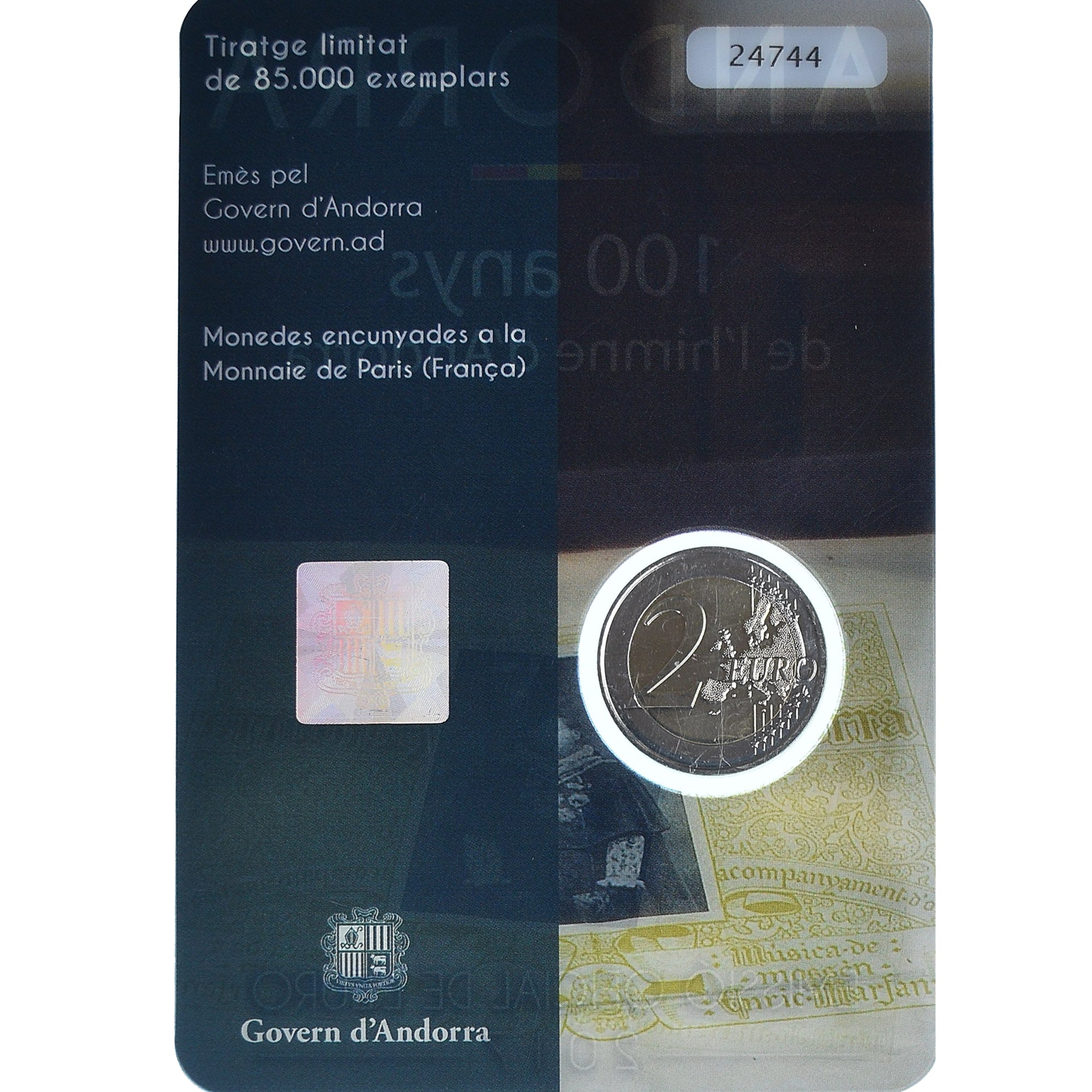 Andorra, 2 Euro, 100 ans de l'hymne national, 2017, Coin card, MS(65-70)