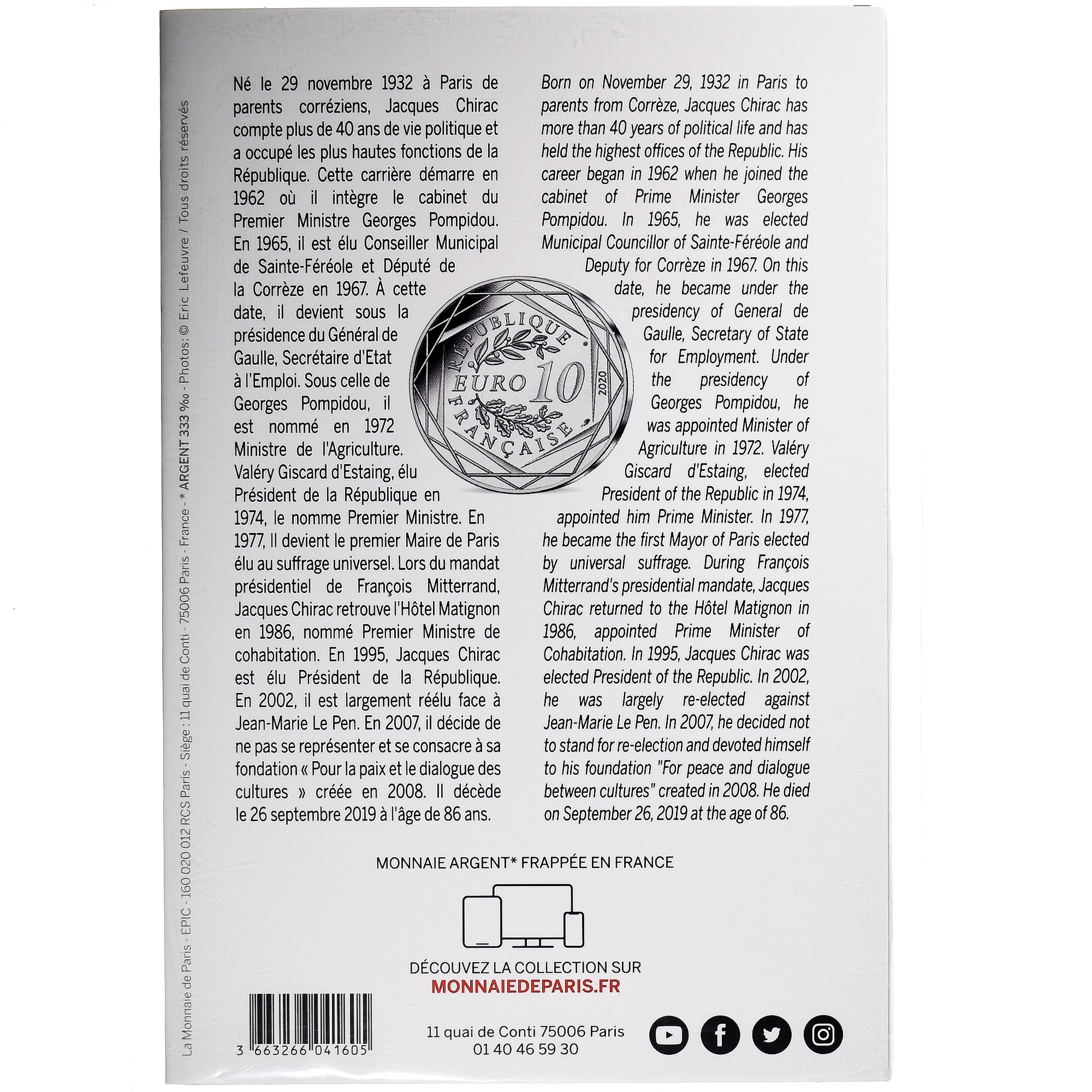 Frankreich, 10 Euro, Jacques Chirac, 2020, Monnaie de Paris, FDC, STGL, Silber