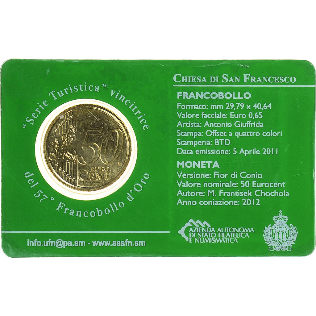 San Marino, 50 Euro Cent, Chiesa di San Francesco, 2012, Rome, Coin card.FDC