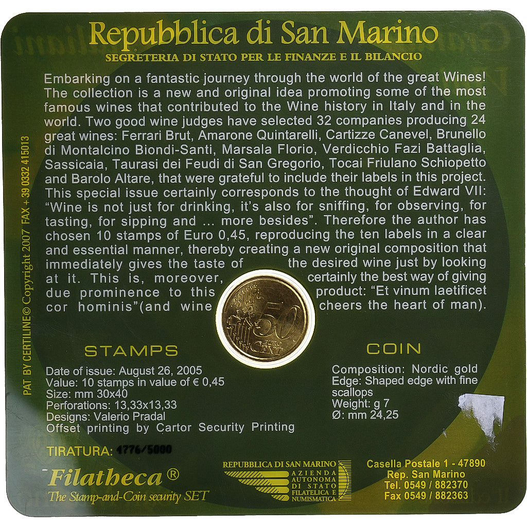 San Marino, 50 Euro Cent, Grandi Vini, 2007, Rome, Coin card.FDC, MS(65-70)