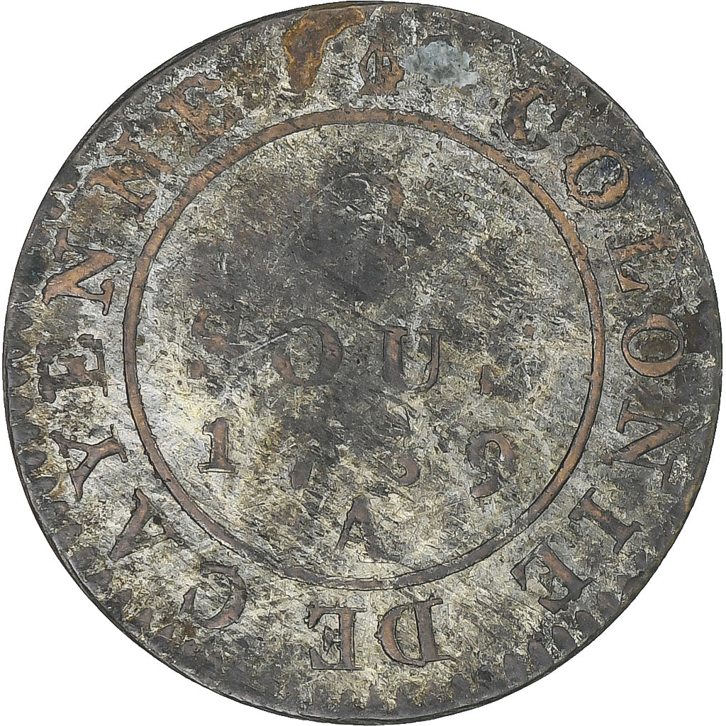 GUIANA FRANCESA, Cayenne, Louis XVI, 2 Sous, 1789, Paris, VF(30-35), Cobre