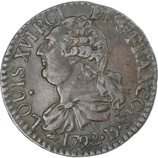 France, Louis XVI, 3 Deniers, 1792 / AN 4, Lyon, Barré, AU(50-53), Copper