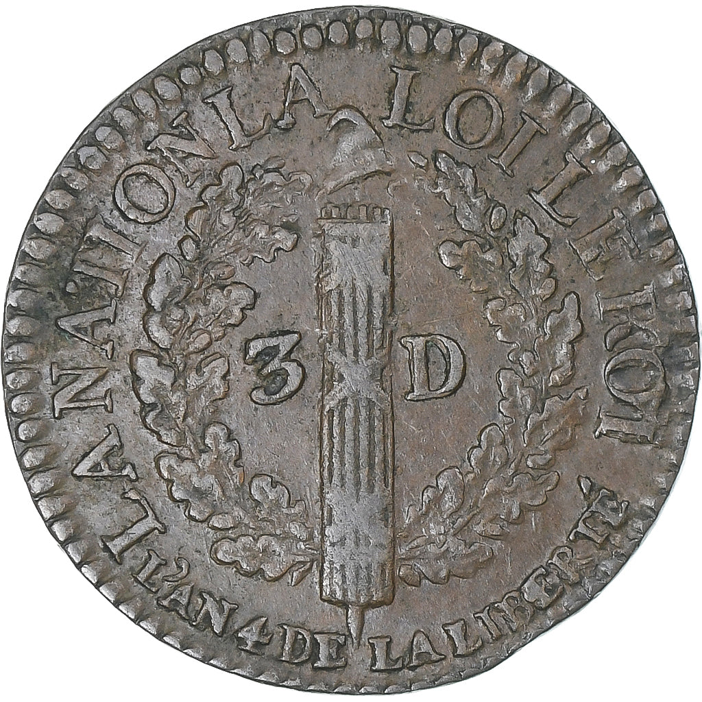 France, Louis XVI, 3 Deniers, 1792 / AN 4, Lyon, Barré, AU(50-53), Copper