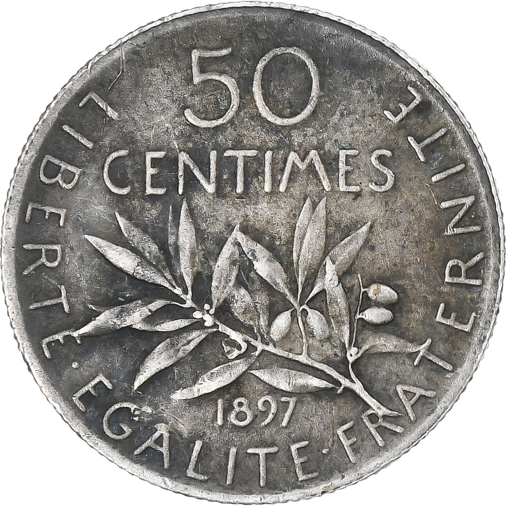 Francia, Semeuse, 50 Centimes, 1897, Paris, Flan mat, MBC+, Plata, KM:854