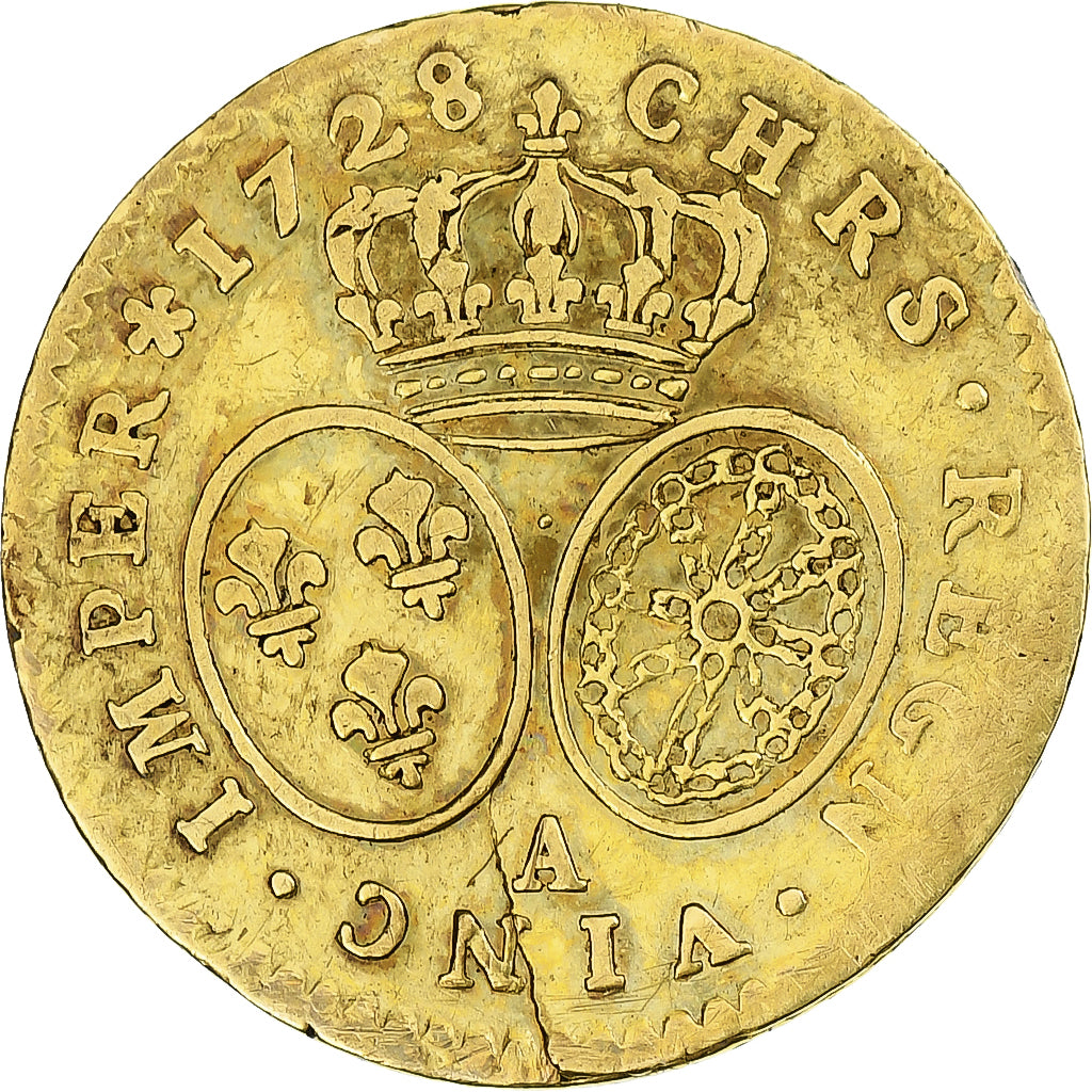 France, Louis XV, 1/2 Louis d'or aux lunettes, 1728, Paris, Gold, VF(30-35)