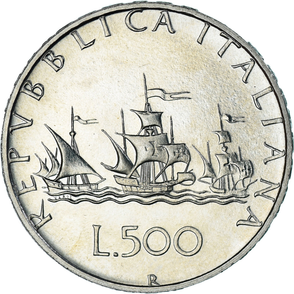 Coin, Italy, 500 Lire, 1985, “caravelles” BU, MS(65-70), Silver, KM:98