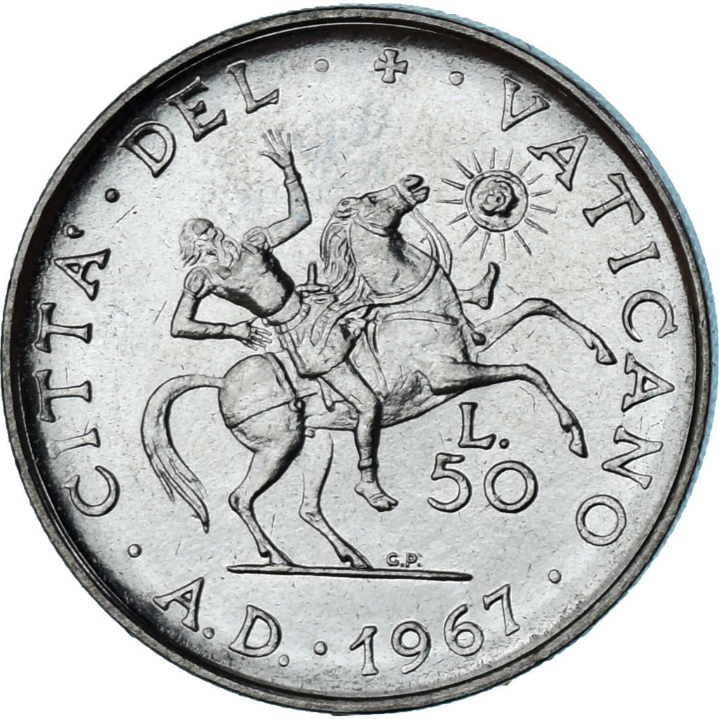 Moneta, PAŃSTWO WATYKAŃSKIE, Paul VI, 50 Lire, 1967, MS(63), Stal nierdzewna