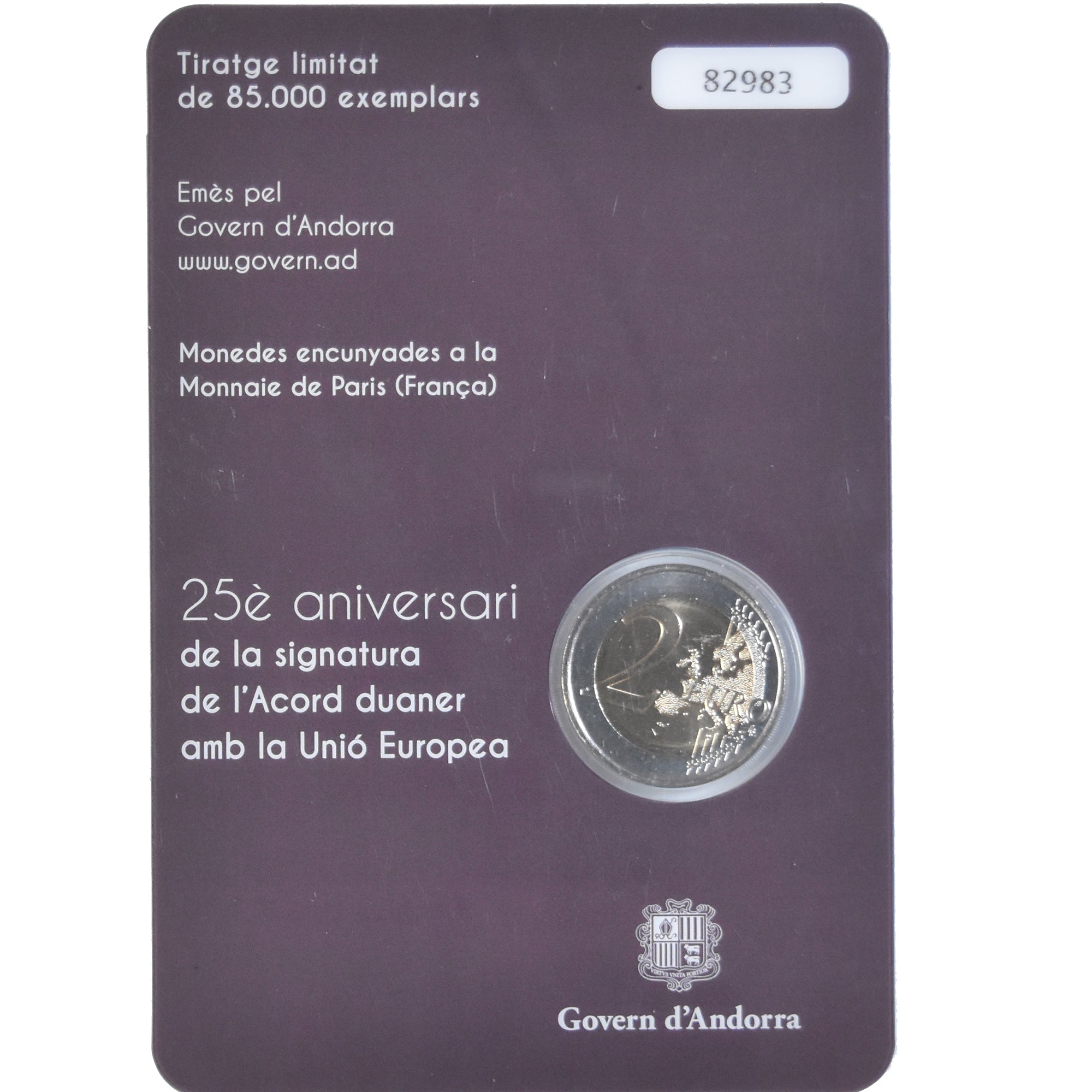 Andorra, 2 Euro, Accords Douaniers, 2015, FDC, Bi-metallico