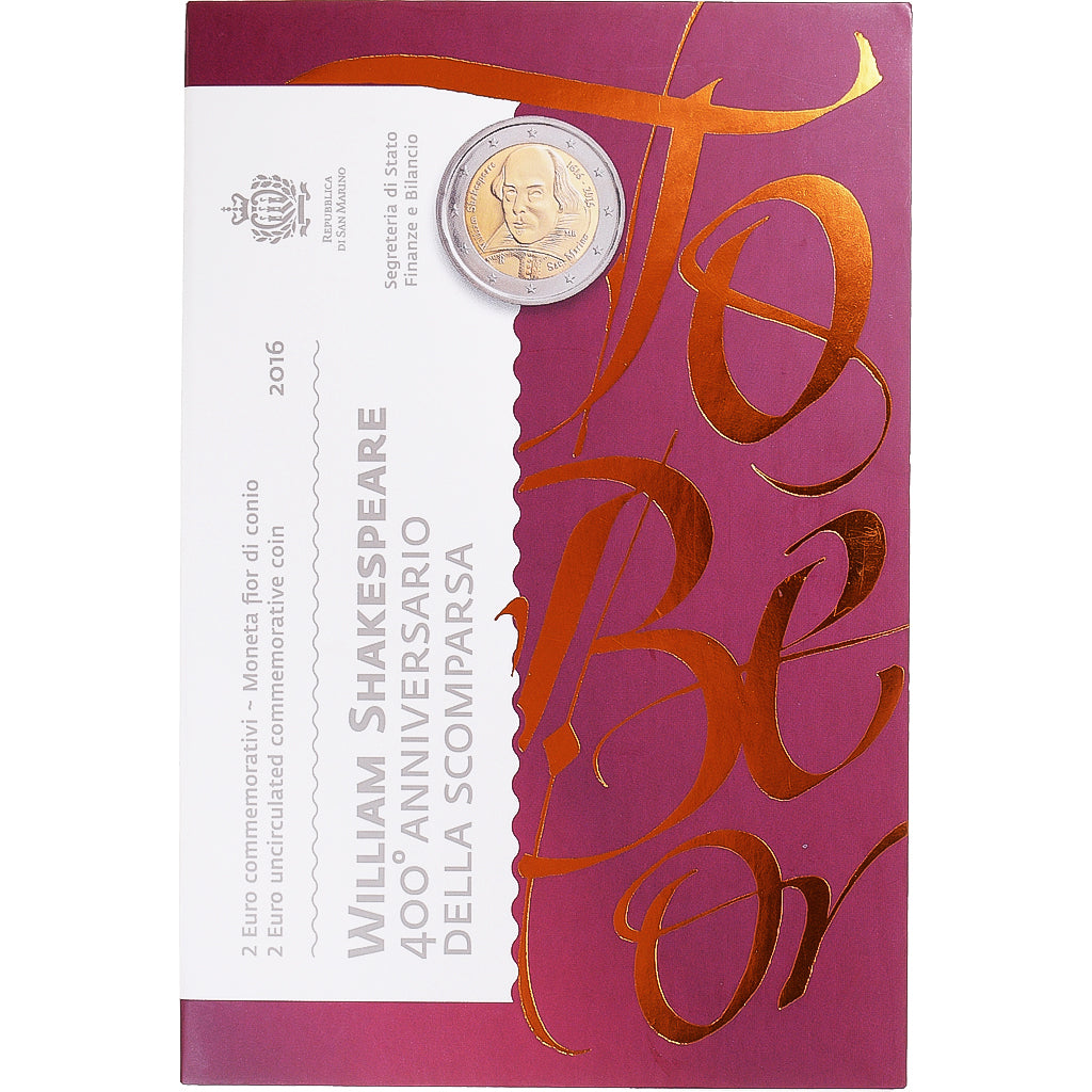 San Marino, 2 Euro, William Shakespeare - 400th Anniversary, 2016, Rome