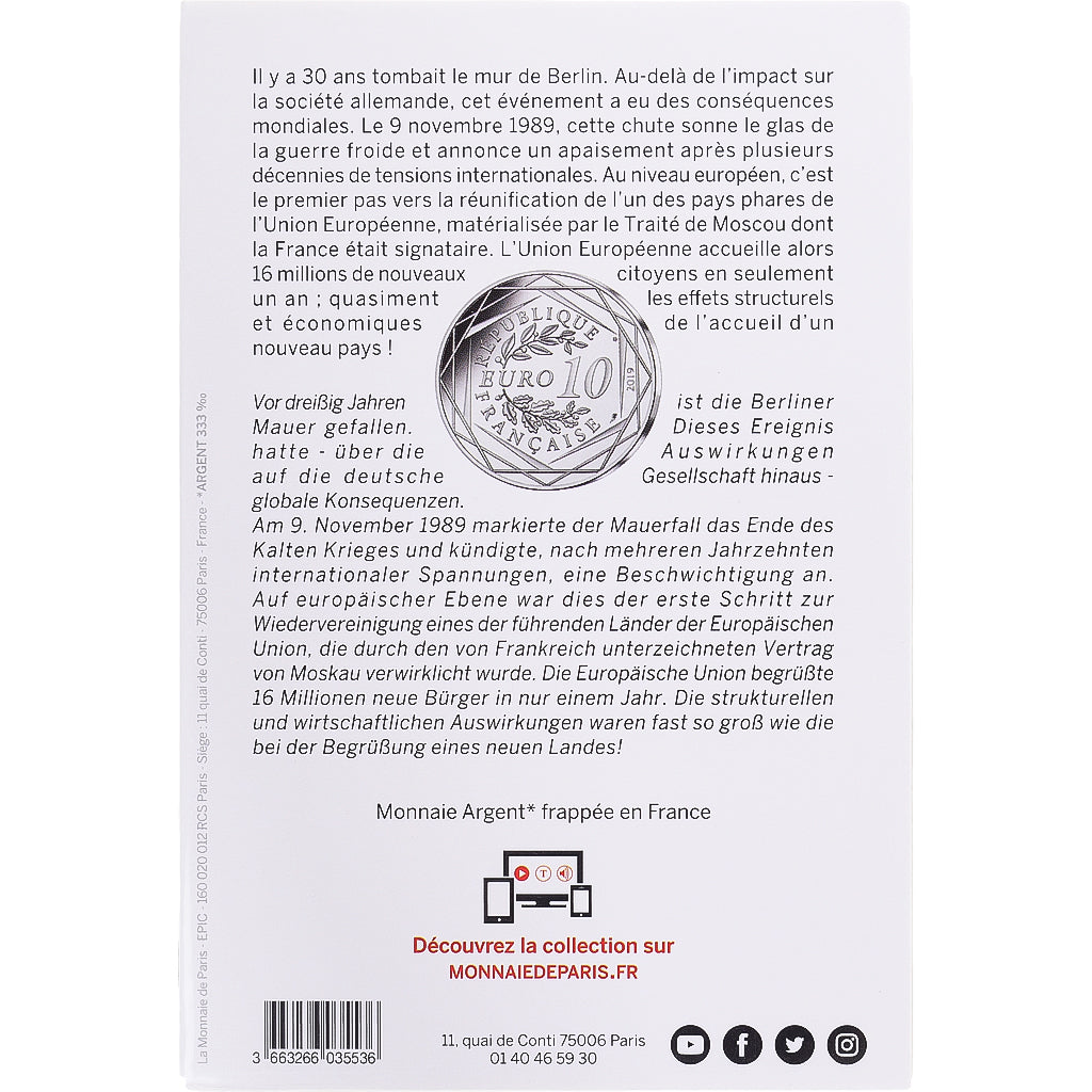 France, 10 Euro, 2019, Monnaie de Paris, Chute du mur de Berlin, MS(65-70)
