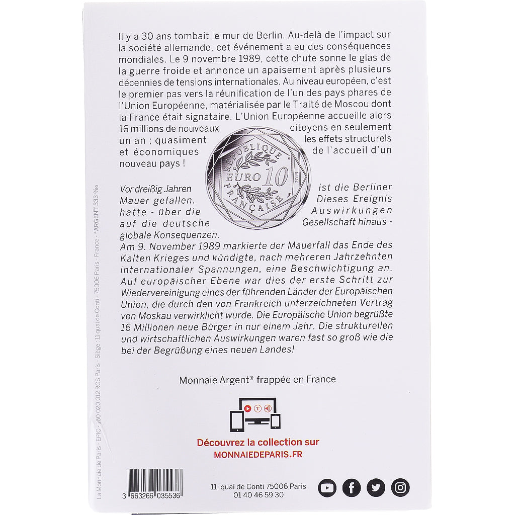 France, 10 Euro, 2019, Monnaie de Paris, Chute du mur de Berlin, MS(65-70)