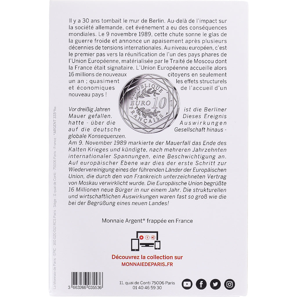Frankreich, 10 Euro, 2019, Monnaie de Paris, Chute du mur de Berlin, STGL