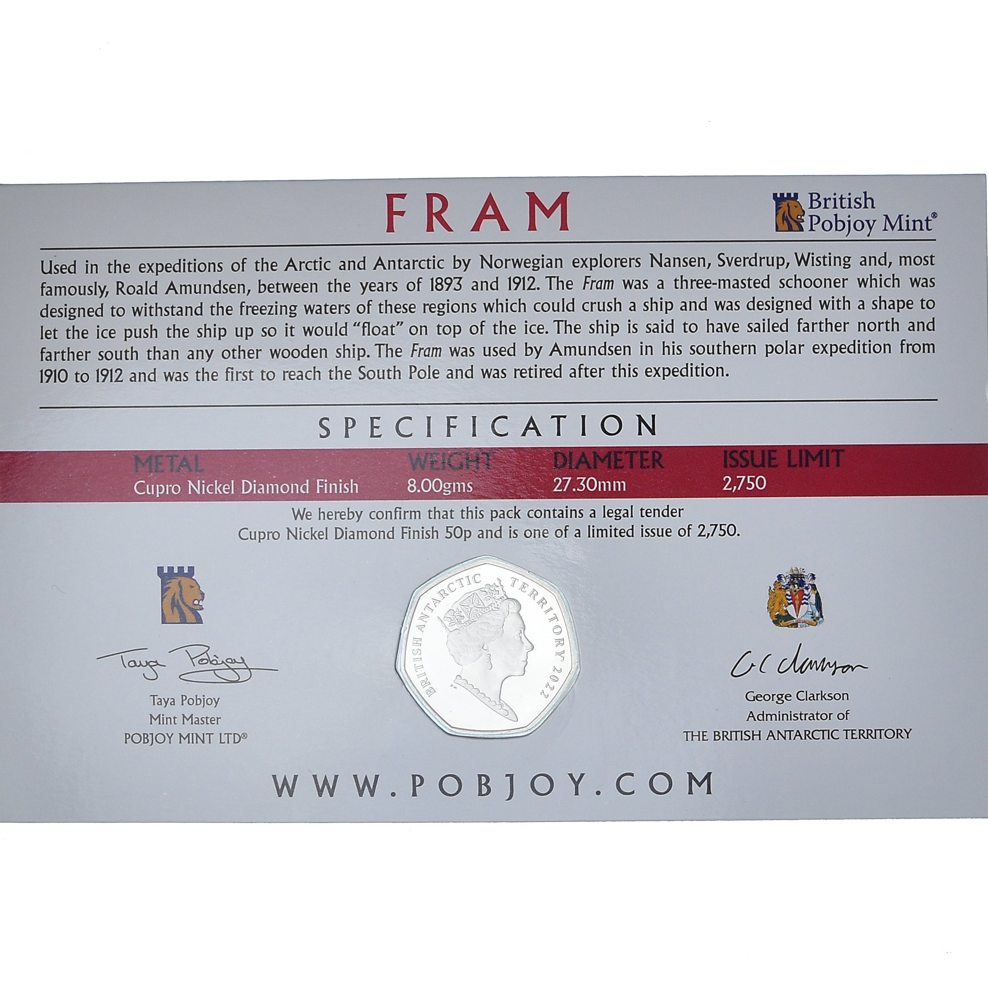 Coin, British Antarctic Territory, 50 Pence, 2022, Pobjoy Mint, Fram.FDC