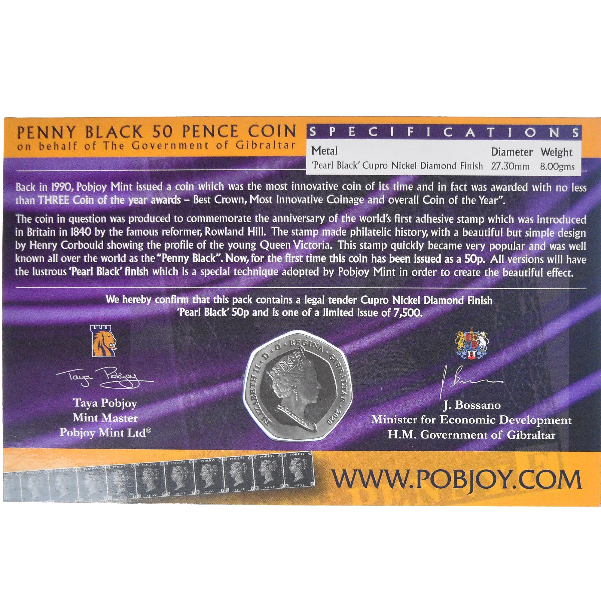 Moneta, Gibilterra, 50 Pence, 2020, Pobjoy Mint, PEARL BLACK. BE, FDC