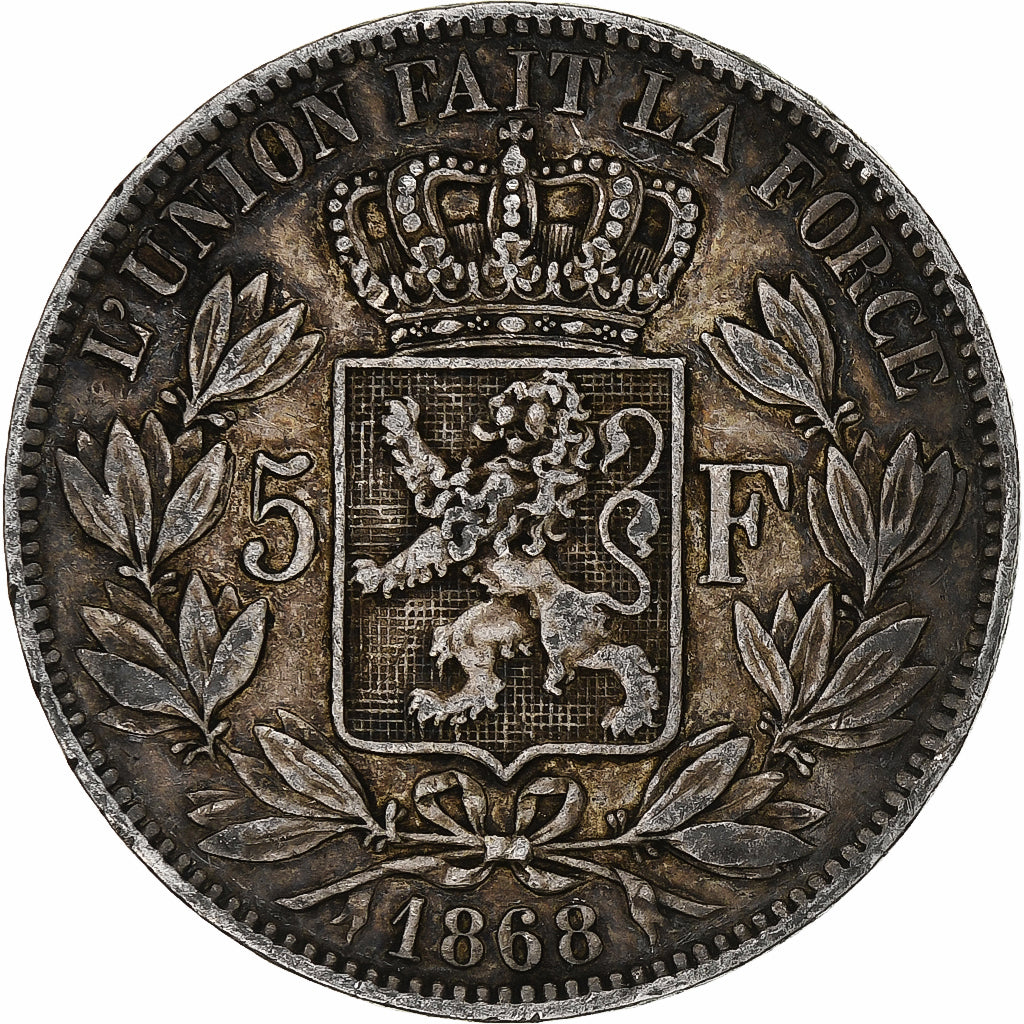 Moeda, Bélgica, Leopold II, 5 Francs, 5 Frank, 1868, VF(30-35), Prata, KM:24