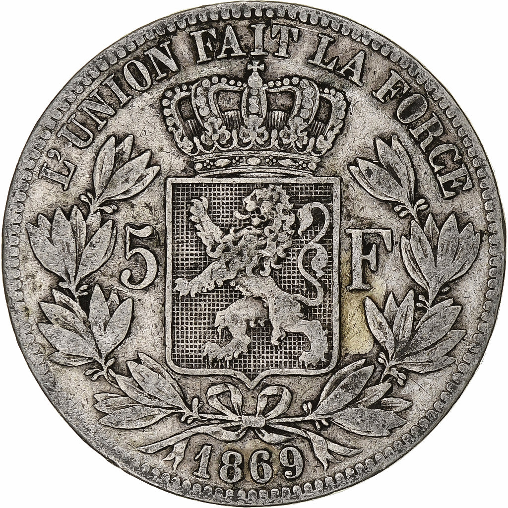Moeda, Bélgica, Leopold II, 5 Francs, 5 Frank, 1869, VF(20-25), Prata, KM:24