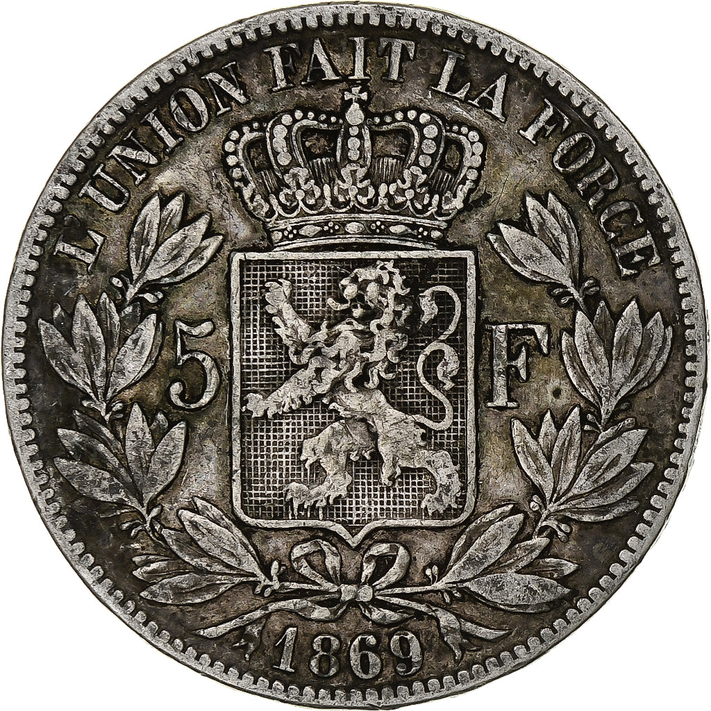 Munten, België, Leopold II, 5 Francs, 5 Frank, 1869, FR+, Zilver, KM:24