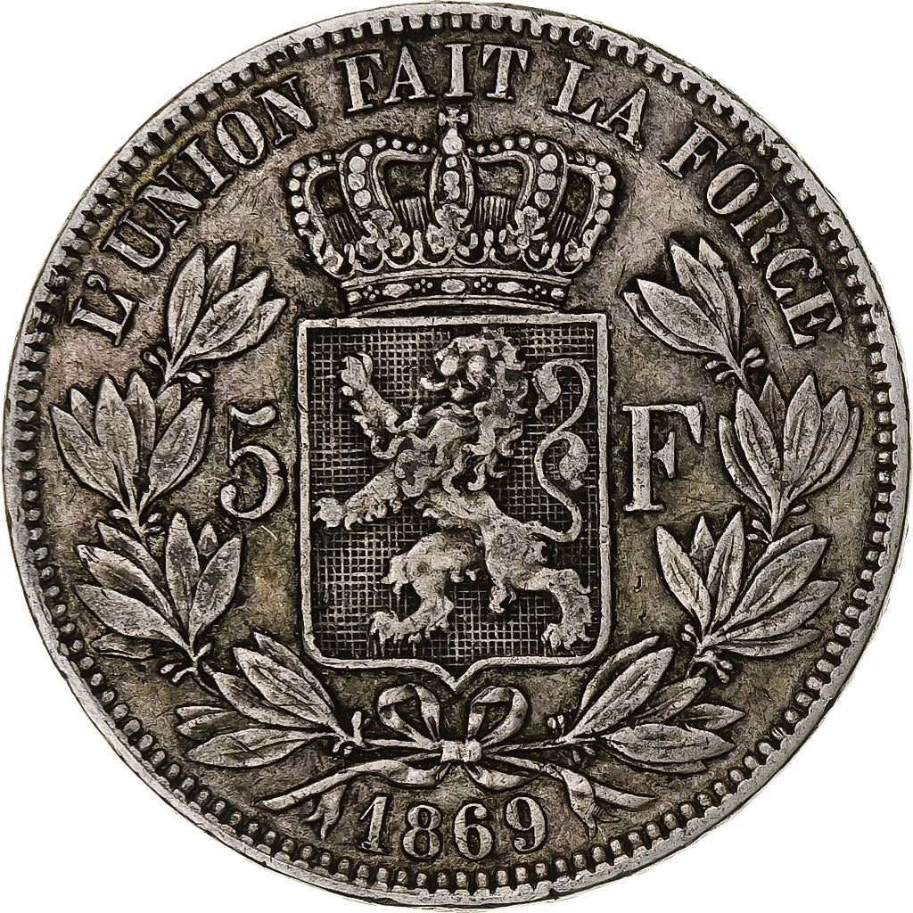 Moneta, Belgia, Leopold II, 5 Francs, 5 Frank, 1869, VF(30-35), Srebro, KM:24