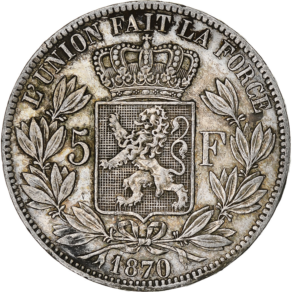 Coin, Belgium, Leopold II, 5 Francs, 5 Frank, 1870, Brussels, EF(40-45), Silver